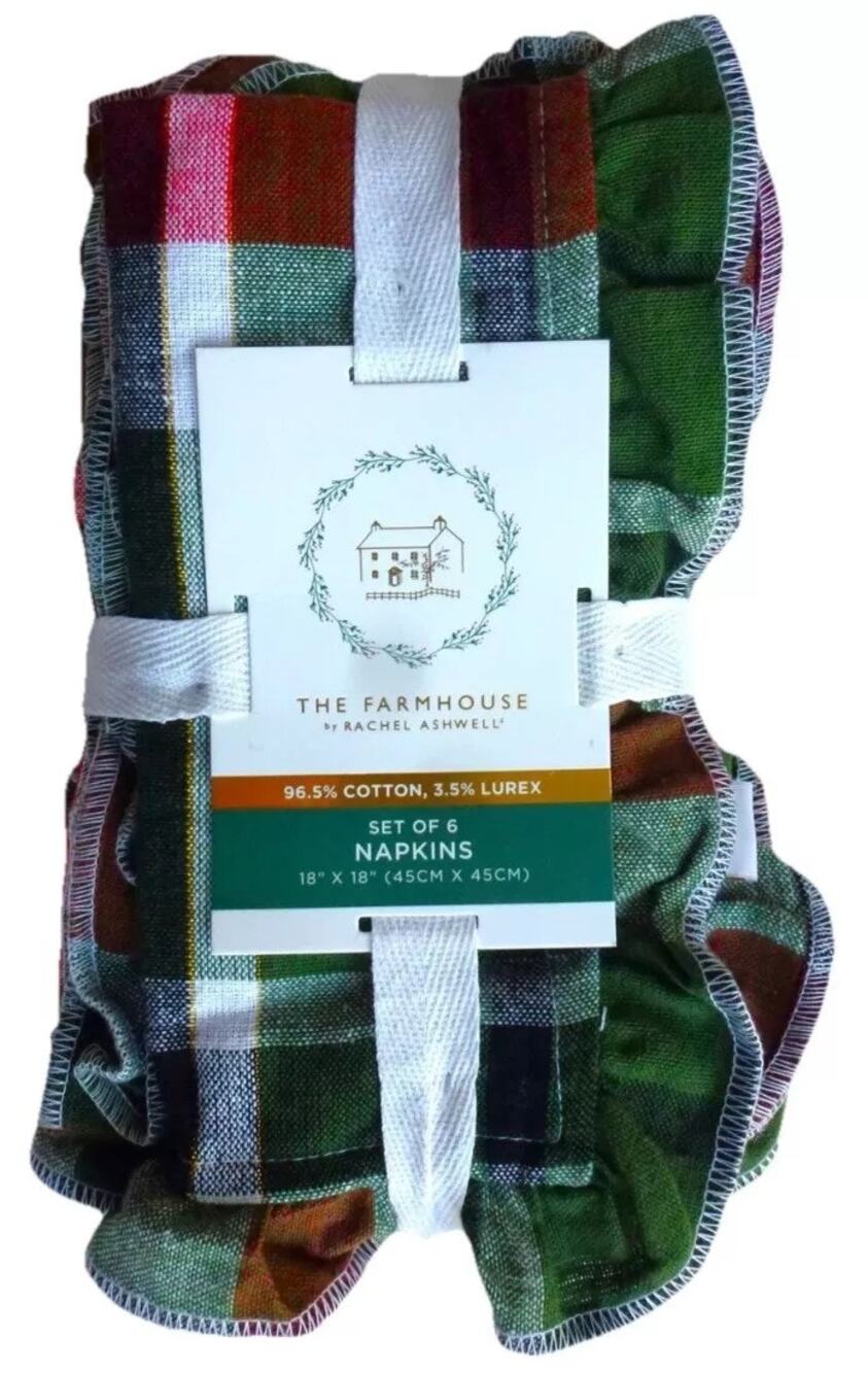 RACHEL ASHWELL Farmhouse Set 6 Christmas Plaid Cloth Napkins Red Green Gold NWT
